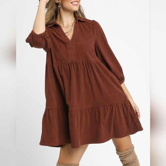 🎁25% Off Bundles🎁  Umgee Tiered Corduroy Mini Dress Balloon Sleeves - Picture 5 of 7
